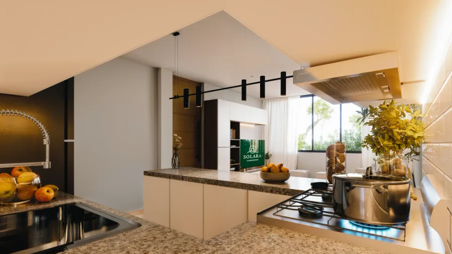 Interior de vivienda Solara — cocina y sala de estar con acabados premium